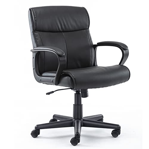 Office Chair - Mid-Back Computer Desk Chair with Armrests, Height Adjustable Home Chair, 360-Degree Swivel, Lumbar Support, PU Leather, Black