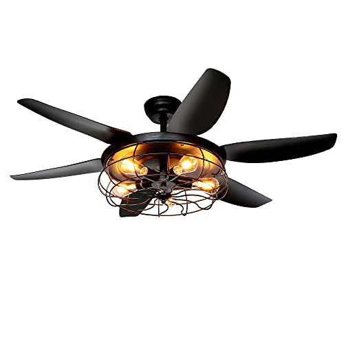 Ohniyou Ceiling Fans with Lights and Remote - 52 Inch Farmhouse Ceiling Fan with Caged Light Fixture - Black Industrial Outdoor Ceiling Fan Lights for Patio, Living Room, Kitchen & Bedroom