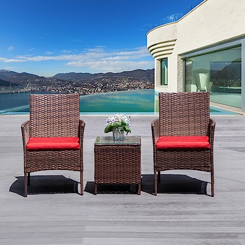 Patio Furniture Set 3 Pieces of Outdoor Furniture, Patio Table and Chairs with Thick Cushion Sectional Outdoor Set, Manual Wicker Patio Conversation Set for Porch Backyard Lawn Garden Pool Brown/Red