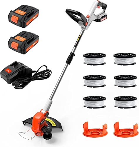 PAXCESS String Trimmer/Edger with 2 PCS 2.0Ah Battery, 6 PCS Spool Line, 2 Cap and Charger, 20V 12-Inch Cordless Weed Wacker/Weed Eater with 180° Rotatable Handle, Adjustable Rod Length