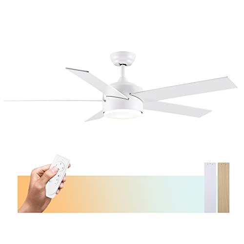 POCHFAN 52 inch White Ceiling Fans with Lights and Remote Control, Dimmable 3-Color Temperature, Quiet Reversible Motor, 5 Blades LED Modern Ceiling Fan for Bedroom, Patios, Living Room
