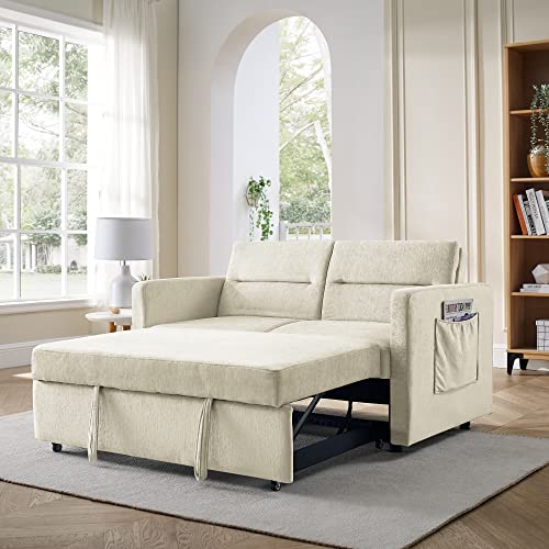 Polibi 54.5'' Modern Convertible Sleeper Sofa Bed with Two Arm Pockets, Velvet Sofa w/Pull-Out Bed Loveseat Sofa Couch and Adjsutable Back for Living Room (Beige)