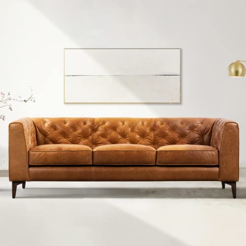 POLY & BARK Essex Leather Couch – 89-Inch Leather Sofa with Tufted Back - Full Grain Leather Couch with Feather-Down Topper On Seating Surfaces – Vintage Pure-Aniline Italian Leather – Cognac Tan