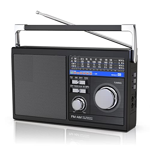 Portable AM FM Radio with Bluetooth, SW Transistor Retro Radio with Best Reception, Battery Operated or AC Power, Bluetooth Speaker Earphone Jack USB TF Card AUX Input, for Senior(Black)