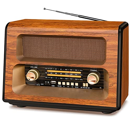 PRUNUS J-199 Large Retro Vintage Radio Bluetooth, 15W Crystal Clear Speaker AM FM SW, Support AUX/TF Card/USB Playing, AC Charging, Rechargeable Battery and Battery Operated Radio, MIC Recording