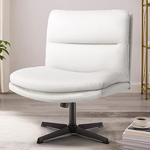 PUKAMI Armless Office Desk Chair No Wheels,PU Leather Criss Cross Legged for Home,Modern Swivel Vanity and Mid-Back Computer Chair,Height Adjustable Wide Seat for Task (White)