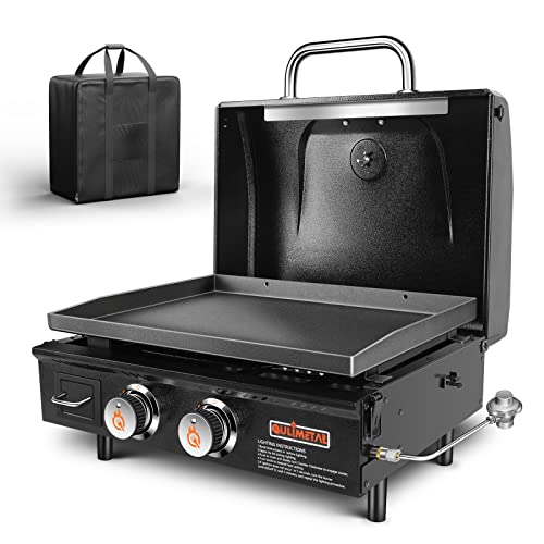 QuliMetal Table Top Grill Portable Griddle with Hood Non-Stick Flat Top Grill Griddle Propane Grill with Carry Bag 22 Inch,24,000 BTU,348 Sq,304 Stainless Steel Burner,Ceramic Coating for Outdoor Camping Party Tailgating