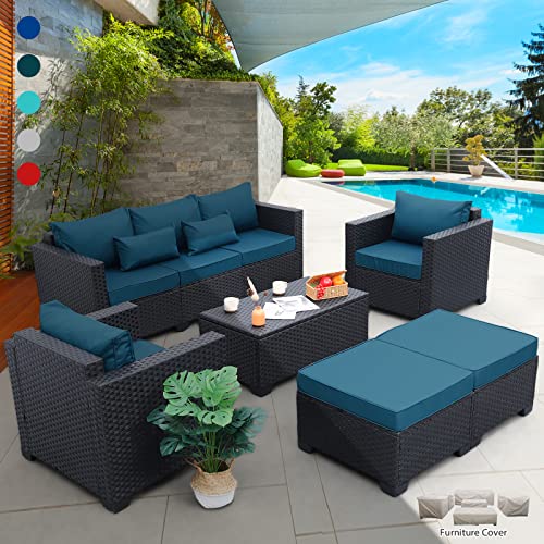 Rattaner Patio Furniture Set 6 Pieces Couch Outdoor Chairs Coffee Table Peacock Blue Anti-Slip Cushions and Waterproof Covers