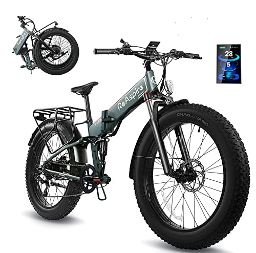 ReAspire Warrior Electric Bike for Adults 28MPH Folding Ebike 750W Motor 48V 14Ah Samsung Battery E Bikes 4.0 LCD Display All Terrain 26'' Fat Tire Foldable Mountain Bicycle Dual Shock Absorbers, Grey