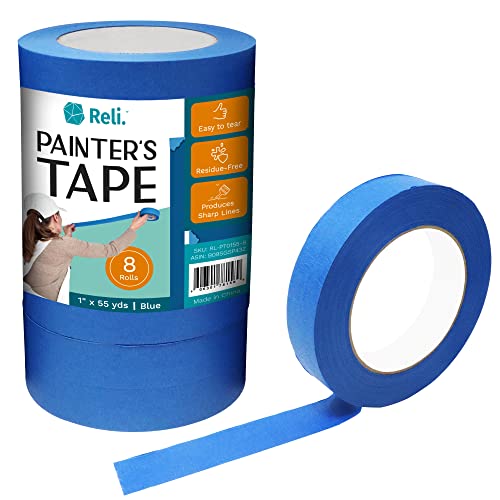 Reli. Painter's Tape, Blue | 8 Rolls Bulk | 1" x 55 Yards Per Roll (440 Yards Total) | Blue Tape/Painters Tape 1 Inch Wide | Paint Tape for Walls, Glass, Wood Trim, Multi-Surface | Painting/Masking