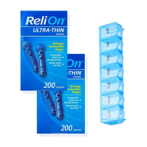 ReliOn Ultra-Thin Lancets, 30-Gauge, 200 Ct for Sensitive Fingers (2 Pack) Bundle with Samba Life Pill Organizer
