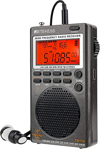 Retekess TR110 Portable SSB Shortwave Radio, Airband Radio Receiver, Full Band Radio MW FM SW Air CB with NOAA Alert, FM Stereo, Clock, Sleep Timer