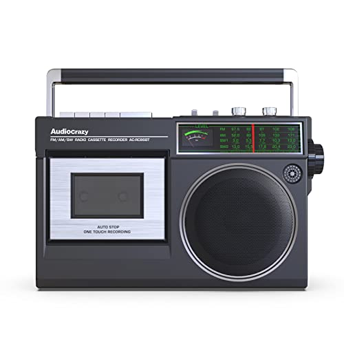 Retro Boombox Cassette Player AM FM SW Radio, Cassette Recorder with Built-in Microphone, Wireless Streaming, USB Port, Headphone Jack,AC or Battery Powered (Carbon Black)