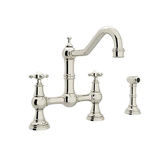 Rohl U.4755X-PN-2 Perrin and Rowe Provence Cross Handle Bridge Kitchen Faucet with Sidespray Rinse and 9-Inch Reach Country Spout, Polished Nickel