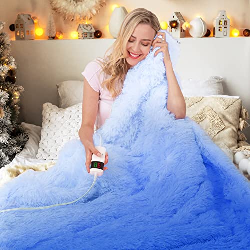 RUJIPO Electric Heated Blanket, Electric Blanket with Fleece Sherpa & Faux Fur Heated Throw for Bed, Plush Warming Heating Blanket with 10 Heating Levels & 5 Options Auto Off, 50” X 60”,Blue