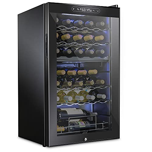 SCHMECKE 33 Bottle Dual Zone Wine Cooler Refrigerator w/Lock | Large Freestanding Wine Cellar | 41f-64f Digital Temperature Control Wine Fridge For Red, White, Champagne or Sparkling Wine - Black