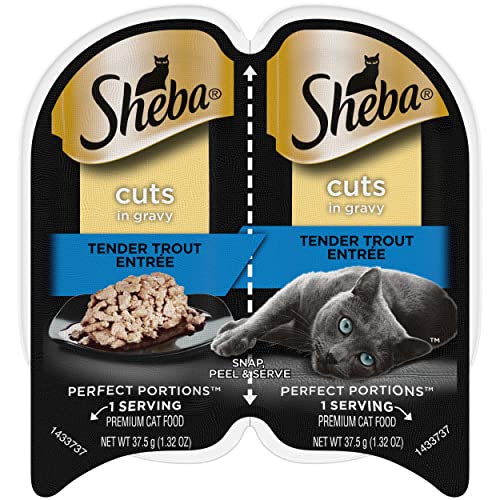 SHEBA PERFECT PORTIONS Cuts in Gravy Adult Wet Cat Food Trays (24 Count, 48 Servings), Tender Trout Entrée, Easy Peel Twin-Pack Trays