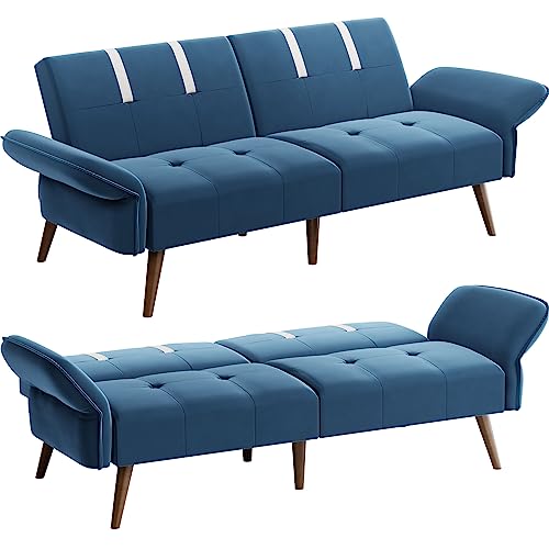 Shintenchi Futon Sofa Bed Modern Folding Sleeper Couch Bed for Living Room,Velvet Loveseat Sofa Couch Sofa cama for Apartments Office Small Spaces,w/Adjustable Armrests Backrest,Blue
