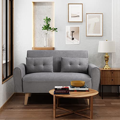 Shintenchi Small Modern Loveseat Couch Sofa, Mid Century Fabric Upholstered 2-Seat Sofa Couch Love Seats Furniture for Small Space,Living Room,Studio,Apartment with 2 Pillows,Light Grey