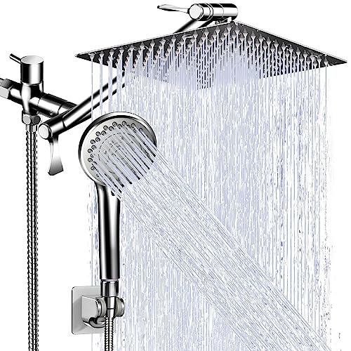 Shower Head Combo, 10 Inch High Pressure Rain Shower Head with 11 Inch Adjustable Extension Arm, 5 Settings Handheld Shower Head Combo with Hose & Holder, Anti-leak Dual Rainfall Shower Head, Chrome