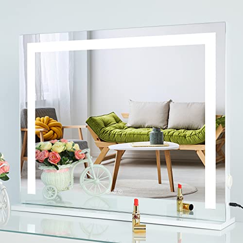 SHOWTIMEZ Vanity Mirror with Lights, Tabletop Wall-Mounted Makeup Mirror with Dimmable 3 Modes LED Backlit Light Strip,Touch Screen Control Cosmetic Mirror with USB Outlet, 27.5" W x 21.5" H