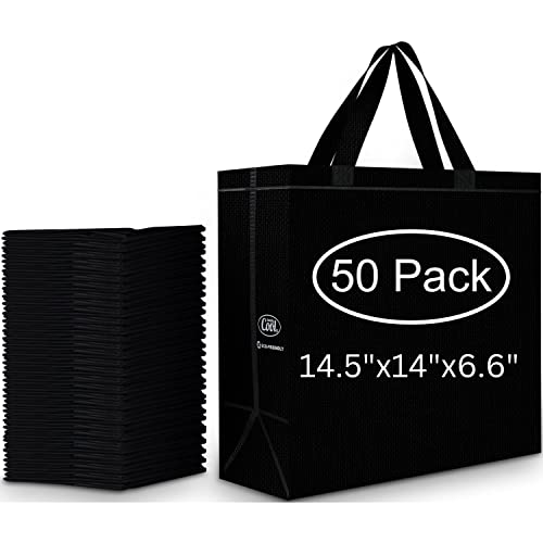 Simply Cool 50 Pack Black Reusable Eco-Friendly Large Grocery Shopping Bags 14.5”x14”x6.6” Durable, Environmentally Friendly Recyclable Shopping Bags Washable, Foldable, Portable Tote Bags