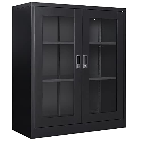 SISESOL Metal Storage Cabinet with Doors and Shelves,Glass Cabinet Display Cabinet with Glass Doors,Office Cabinet with Storage Shelves and Double Doors, for Garage and Utility Room, Home Office