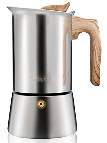 Sivaphe Stovetop Espresso Maker Stainless Steel 9 Cups, Induction-Capable Mocha Pot 450ml, Coffee Percolator with Replacement Silicone Gasket Steel Filter and Instructions (1 Cup=50ml)