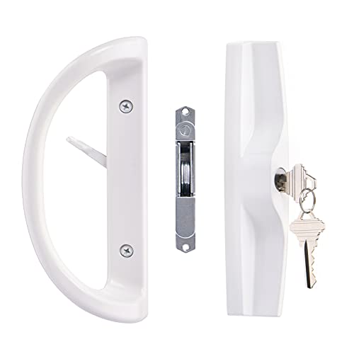 Sliding Patio Door Handle Set with Key Cylinder and Mortise Lock, Full Replacement Handle Lock Set Fits Door Thickness from 1-1/2" to 1-3/4"，3-15/16” Screw Hole Spacing, Reversible Design(Non-Handed)