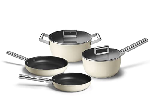SMEG 6 PC Cookware Set, Cream, 3 QT Sauce pan with lid, 5 QT Casserole with lid, 9.5" Frypan, 11" Frypan Made in Italy