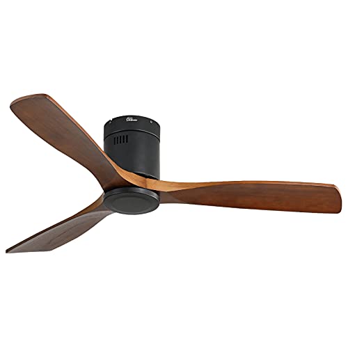 Sofucor 52 Inch Low Profile Ceiling Fan 3 Carved Wood Fan Blade Noiseless Reversible DC Motor Remote Control Without Light Flush Mount Farmhouse Ceiling Fan No Light for Low Ceiling