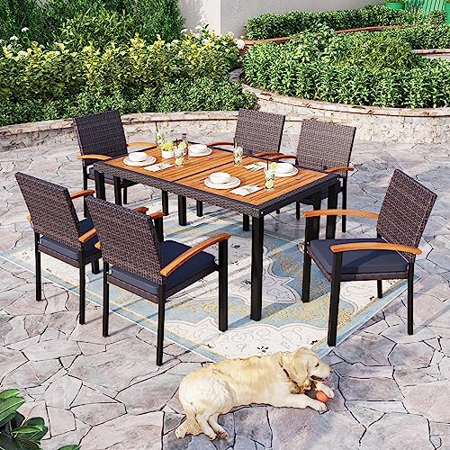 Sophia & William Outdoor Patio Dining Set Furniture 7 Pieces with 6 Stackable Cushioned Rattan Wicker Chairs and Rectangular Acacia Wood Table for Backyard Deck Garden Lawn Porch Poolside