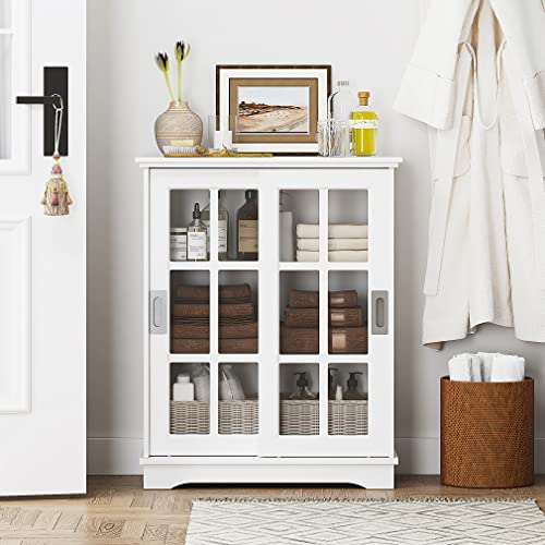 Spirich Home Bathroom Storage Cabinet with Sliding Barn Glass Doors, Modern Floor Sideboard Buffet Cabinet for Kitchen, Dining Room, Bathroom, Living Room, Entryway (White)