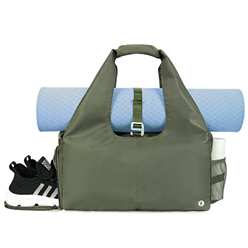 sportsnew Yoga Gym Bags for Women with Shoes Compartment and Wet Dry Storage Pockets with Adjustable Yoga Mat Holder, Army Green