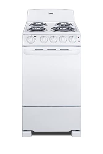 Summit Appliance RE203W 20" Electric Range, 4 Coil Elements, White, 2.3 Cuft Oven Capacity, on Indicator Lights for Oven and Elements- Cord Not Included