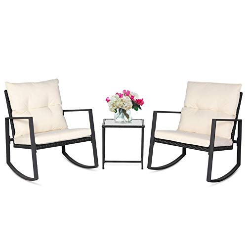 SUNCROWN 3 Piece Outdoor Rocking Bistro Set Black Wicker Furniture Porch Chairs Conversation Sets with Glass Coffee Table, Beige