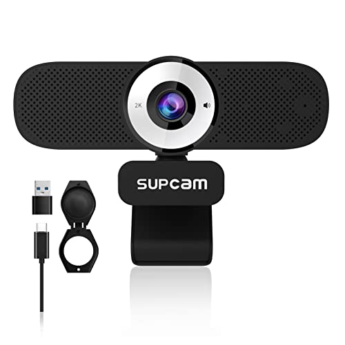 SUPCAM Webcam with Microphone, HD 2K Web Camera for Laptop Computer PC,USB Camera with Speaker for Desktop,Streaming Web Cam with External Privacy Cover for Video Calling,Conferencing, Gaming