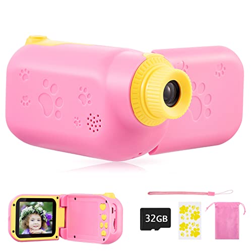 SUZIYO Kids Video Camera Digital Camcorder, Birthday Gifts for Age 3 4 5 6 7 8 9 Boys and Girls, Children Videos Recorder Toy for Toddler HD 1080P 2.4 Screen with 32GB Micro SD Card- Pink
