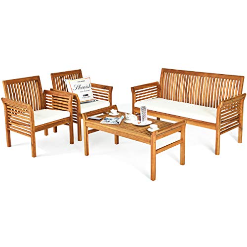 Tangkula 4 Piece Outdoor Acacia Wood Sofa Set w/Water Resistant Cushions, Padded Patio Conversation Table Chair Set w/Coffee Table for Garden, Backyard, Poolside (1)