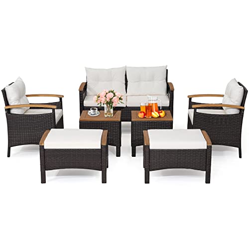 Tangkula 7 Pieces Patio Rattan Sofa Set, Outdoor Wicker Conversation Set w/Seat & Back Cushions, 2 Ottomans & 2 Coffee Tables, Acacia Wood Tabletop & Armrests, Wicker Sofa Set for Backyard, Poolside