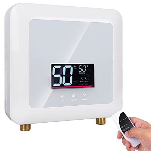 Tankless Water Heater Electric 5500W 110V,Constant Temperature Instant Hot Water Heater with Remote Control Digital Display RV water heater for Home Kitchen Indoor(White)（Can't Use Socket）