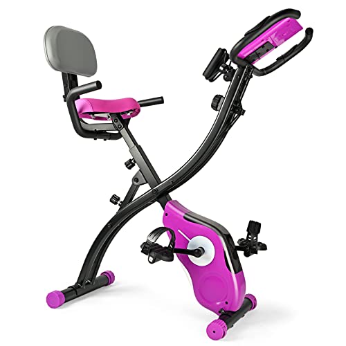 TECHMOO Folding Exercise Bike, Magnetic Resistance 3 in 1 Portable Upright Foldable Exercise Bicycle Machine with Front and Back Arm Resistance Bands Adjustable Recumbent Stationary Bicycle Workout Fitness Cardio Strength Training Equipment for Home Indoor Office