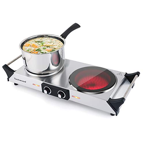 Techwood Electric Stove, Double Infrared Ceramic Hot Plate for Cooking, Two Control Cooktop Burner, Portable Anti-scald handles Suitable for Office/Home/Camp Use, 1800W Compatible for All Cookwares