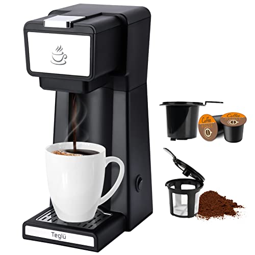 Teglu Upgraded Single Serve Coffee Maker 2 in 1 for K Cup Pods & Ground Coffee, Mini K Cup Coffee Machine 6-14 oz, One Cup Coffee Brewer with One-Bouton Fast Brewing, Reusable Filter, CM-206SB