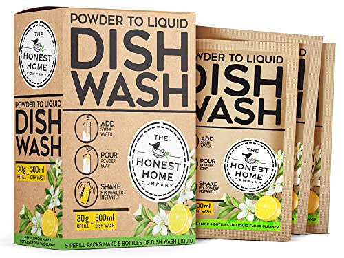 THE HONEST HOME COMPANY Powder-To-Liquid Dish Soap Wash | 2.5 Ltr Dishwash Refill | 1 Sachet = 500ML Dish Soap Liquid Refill | Add Water And Mix | Reduce Plastic | 5 Sachets (5x500ml) - Lemon, yellow