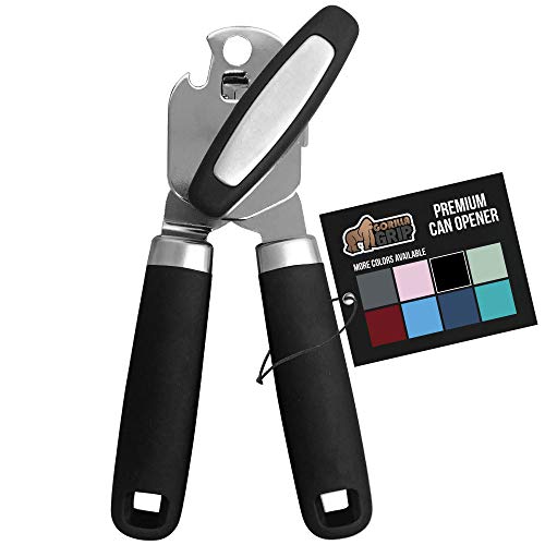 The Original Gorilla Grip Heavy Duty Stainless Steel Smooth Edge Manual Hand Held Can Opener With Soft Touch Handle, Rust Proof Oversized Handheld Easy Turn Knob, Best Large Lid Openers, Black