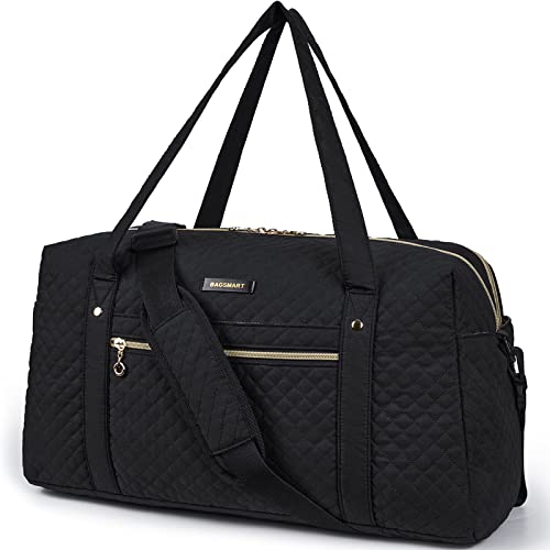 Travel Duffle Bag, BAGSMART 31L Quilted Weekender Overnight Bag for Women with Laptop Compartment, Large Carry On Airport Bag with Wet Pocket & Shoe Bag for Travel, Business Trips, Sports(Black)
