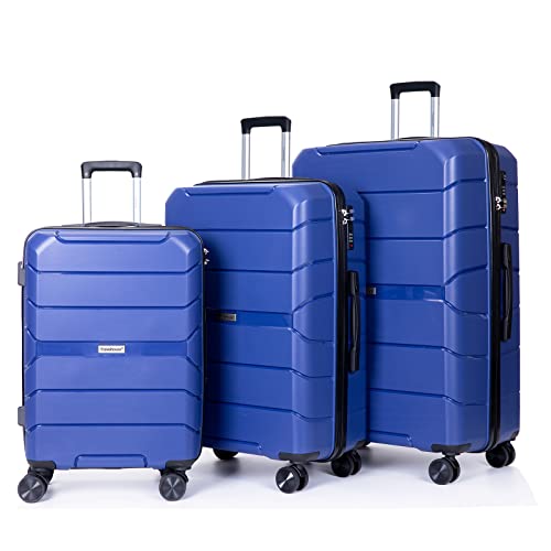 Travelhouse Hardshell Luggage 3 Piece Set Suitcase PP Hardshell with Spinner Wheels and TSA Lock 20in 24in 28in Women (Blue)