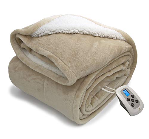 Twin Electric Blanket Heated Sherpa and Reversible Flannel Washable Throw,Fast-Heating Full Body Warming Soft with 10 Heat Settings/Safety 10 Hours Auto-Off Controller （62x84''Linen