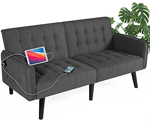 TYBOATLE 65“ Modern Fabric Linen Upholstered Convertible 2 USB Ports Folding Futon Couch Sofa Bed, Foldable Loveseat Furniture for Compact Small Space, Dorm, Living Room Apartment, Office (Dark Grey)